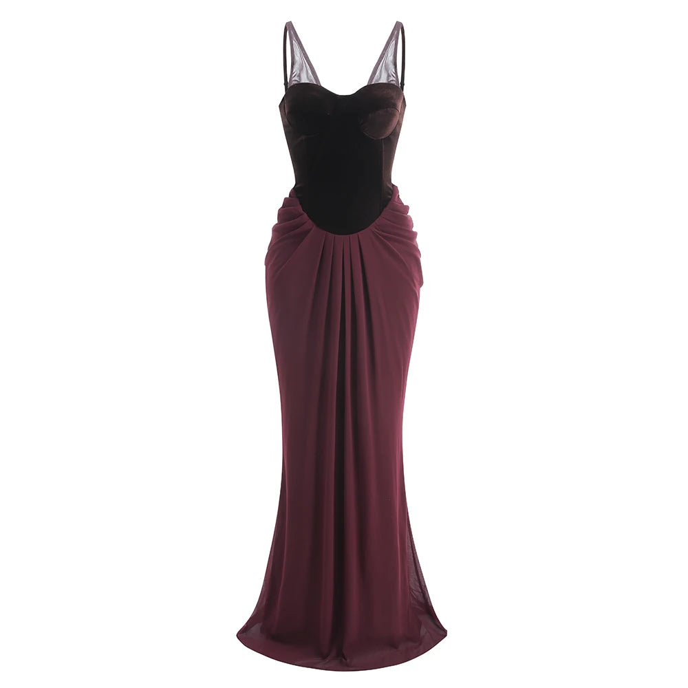 VC Chic Sleeveless Maxi Dress with Velvet Bodice and Chiffon Drape for Upscale Receptions Evening Gown