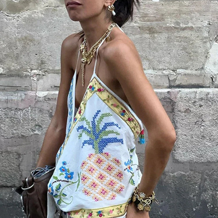Beach Print Tank Top Pants Sets Women Fashion Halter Backless Sleeveless Vest Wide Leg Zipper Pants 2 Pieces Set Female 2024