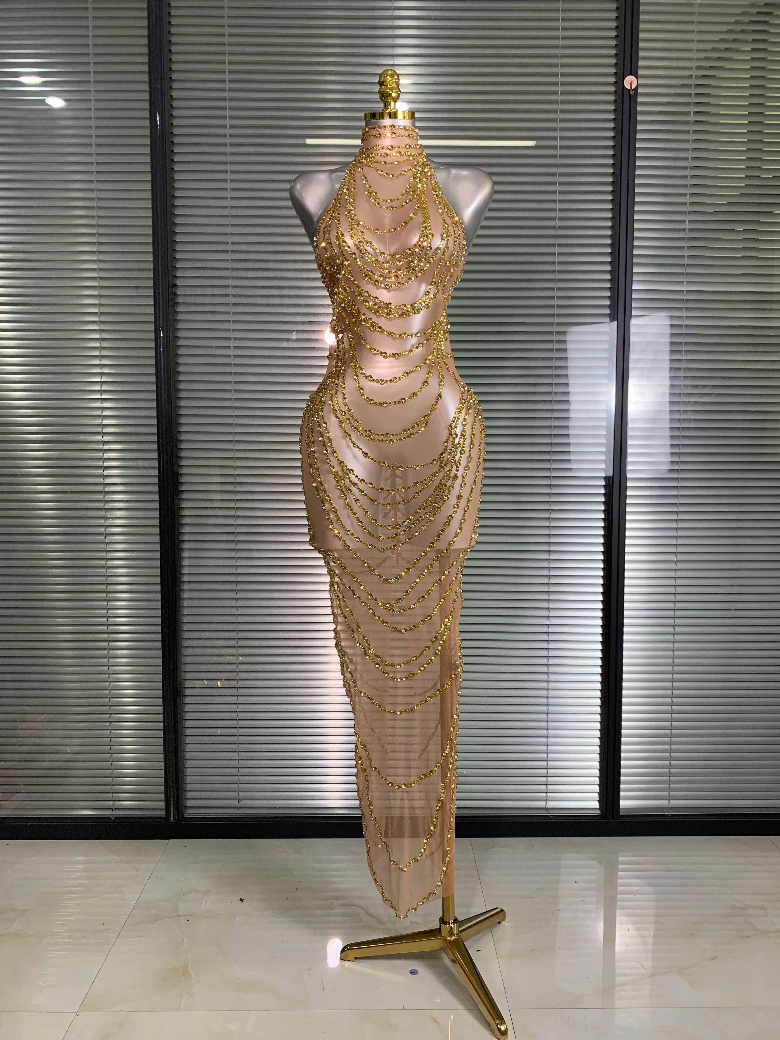 New Women Sexy Mesh Crystal Diamonds Shinning Long Maxi Dress See Through Gold Silver Party Costume Stage Performance Dress