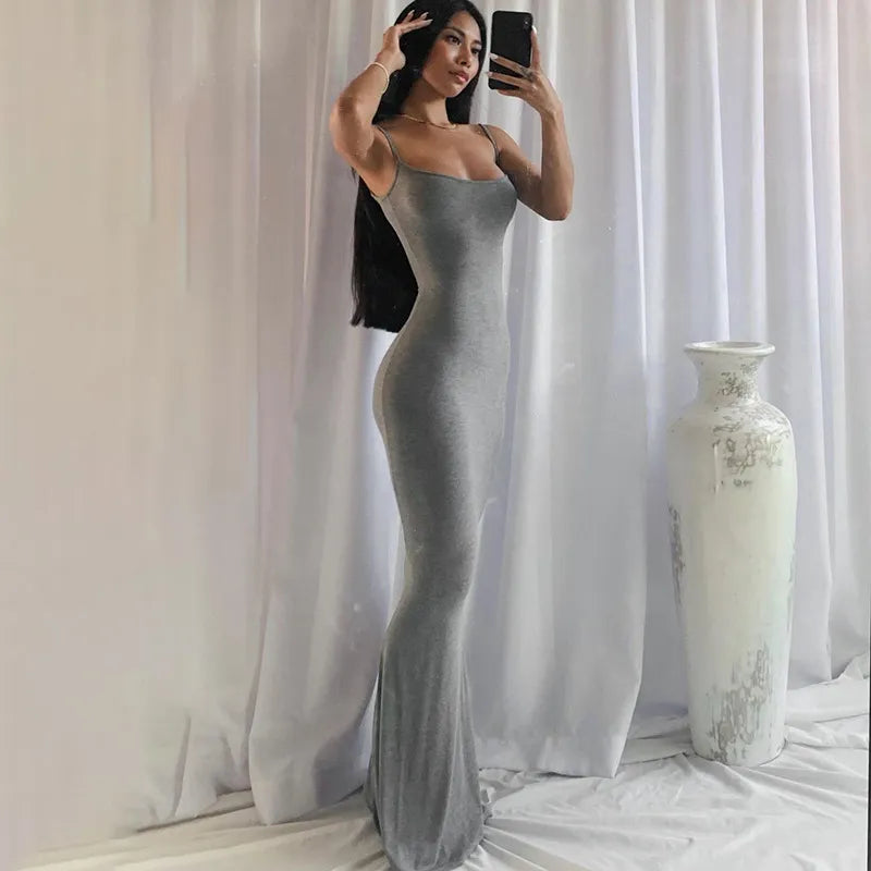Summer Dresses For Women Sexy Spaghetti Strap Black Long Dress Y2k Sleeveless Solid Skinny Bodycon Trumpet Maxi Vestidos Grey