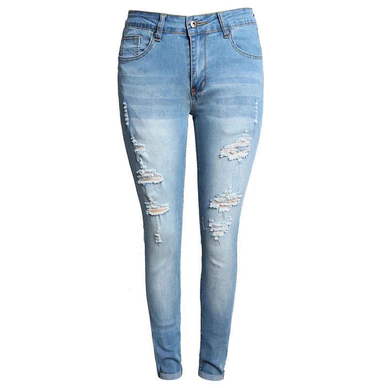 Women Fashion High Waist Stretch Ripped Jeans Lady Y2K Pencil Denim Pants Streetwear Tight Narrow Leg Mom Casual Skinny Trousers SKY BLUE