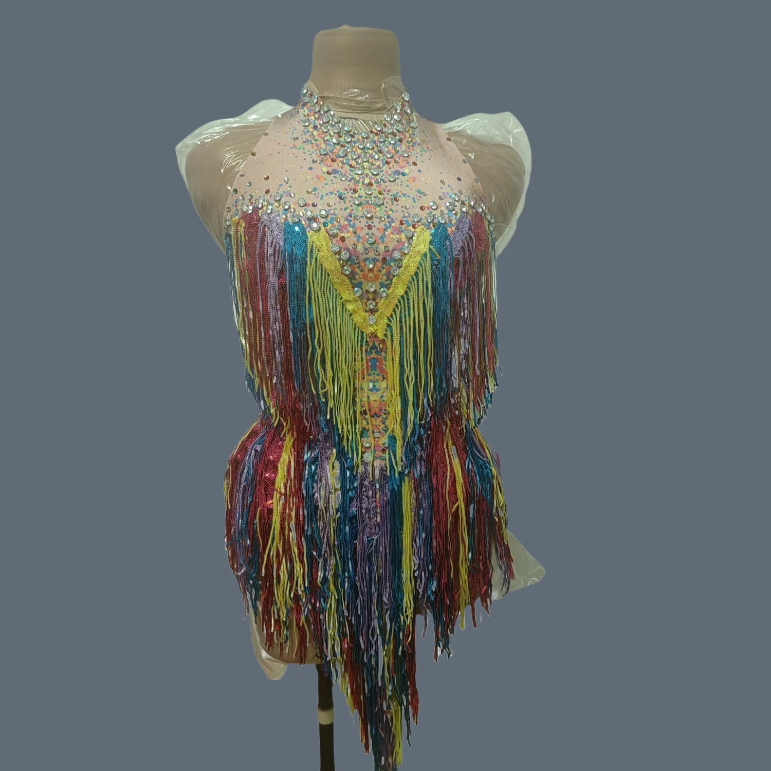 Color Stripe Tassel Tight Fitting Sexy Bodysuit Rhinestone Crystals Fancy Dancer Wear Ladies Latin Dance Team Outfits Xinwucai