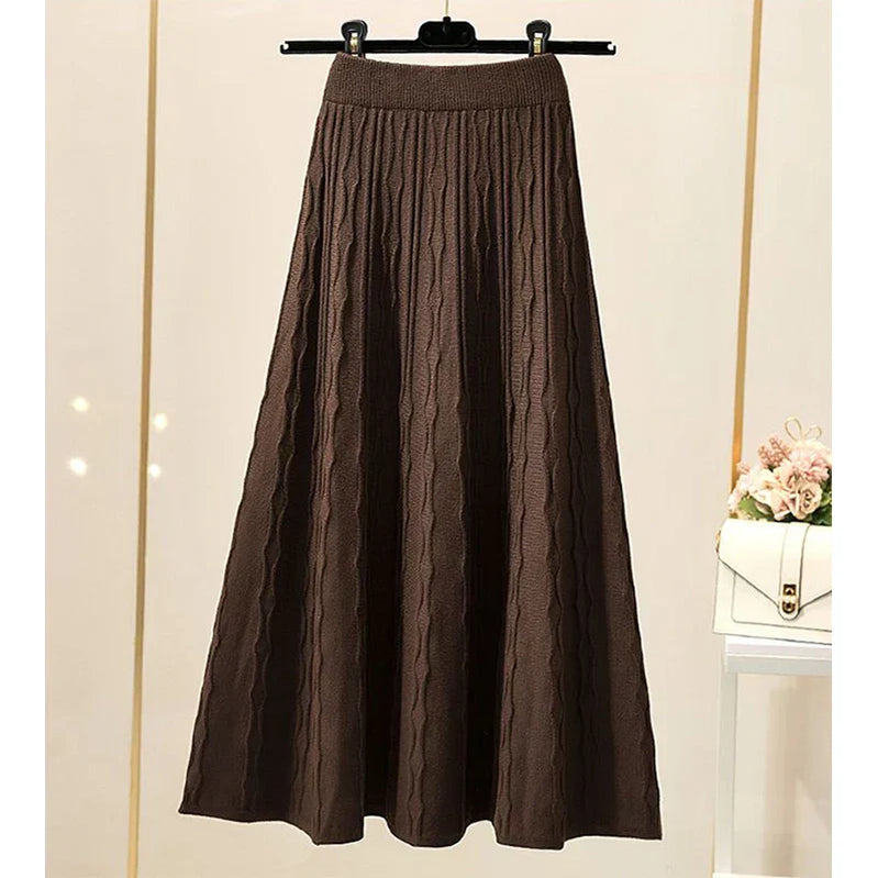 MEXZT Vintage Knitted Midi Skirts Women Black High Waist Sweater Skirt Winter Ladies Korean Slim All Match Chic A Line Faldas Coffee