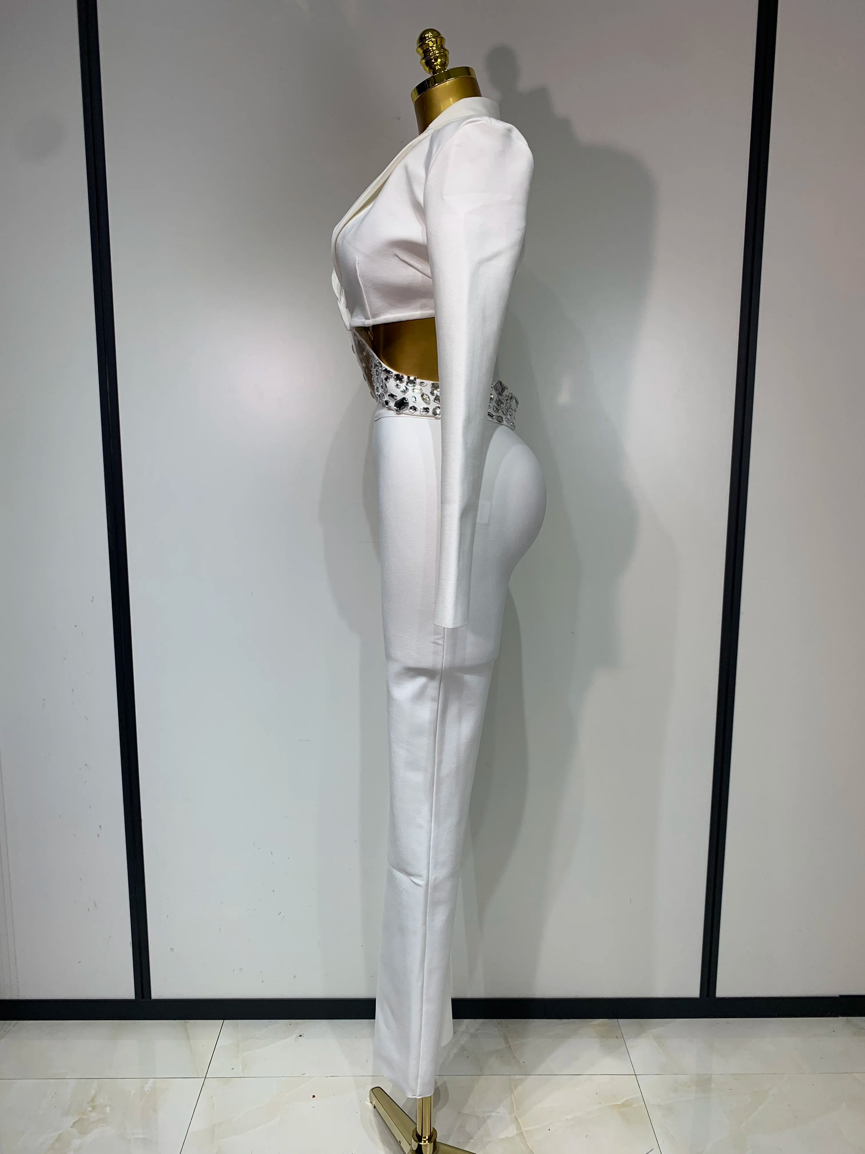 Women Sexy Long Sleeve Beading Bodycon Two Pieces Pants Bandage Set 2025 Celebrity Designer Fashion Women's Luxury Birthday Set