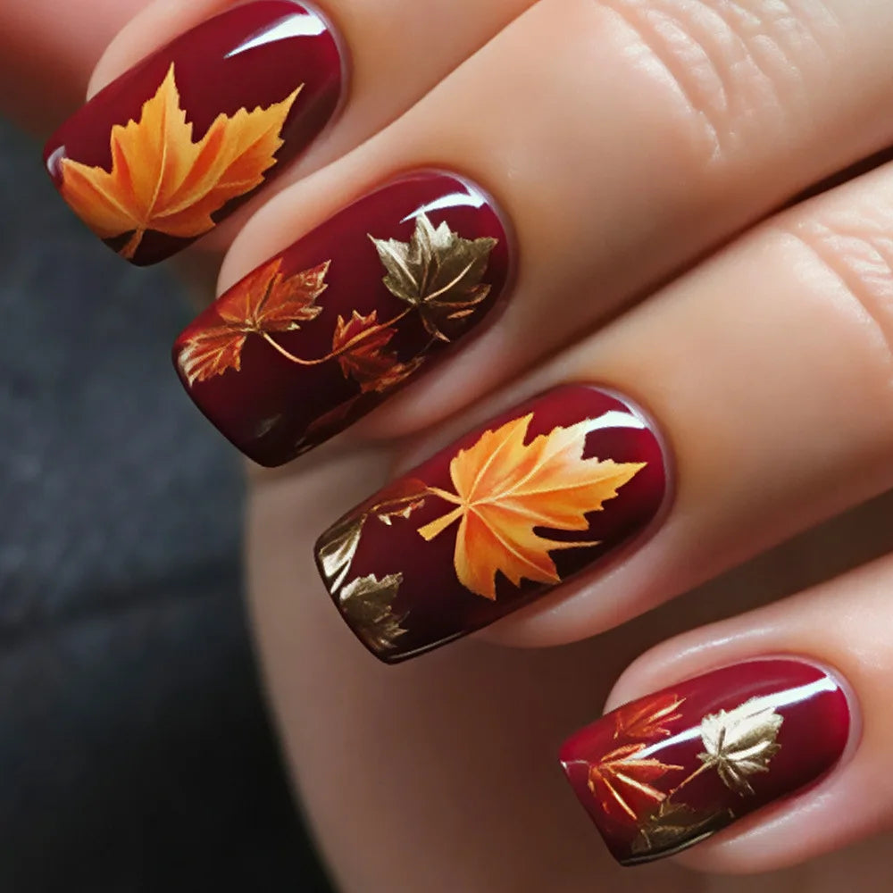 24Pcs Mid-length Square Head Press on False Nails with Golden Butterfly Full Cover Nails Tips with Jelly Glue Wearable Fake Nail