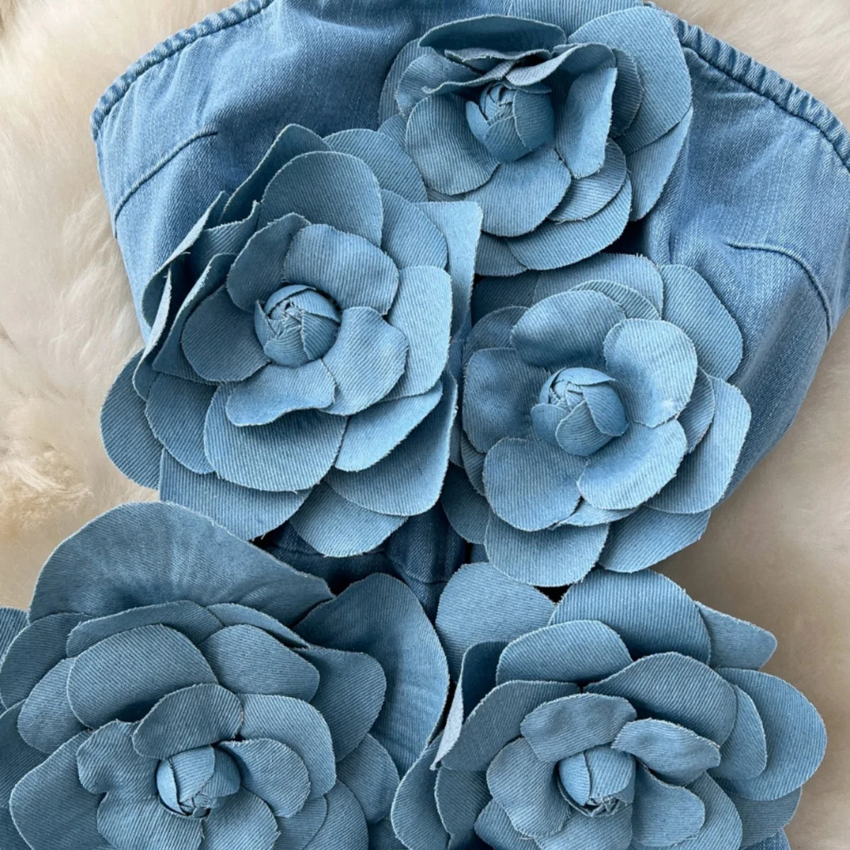 Elegant 3D Flower Rose Short Party Dresses Women Summer Holiday Sleeveless Strapless Corset Blue Denim Jeans Dress Mini Vestidos
