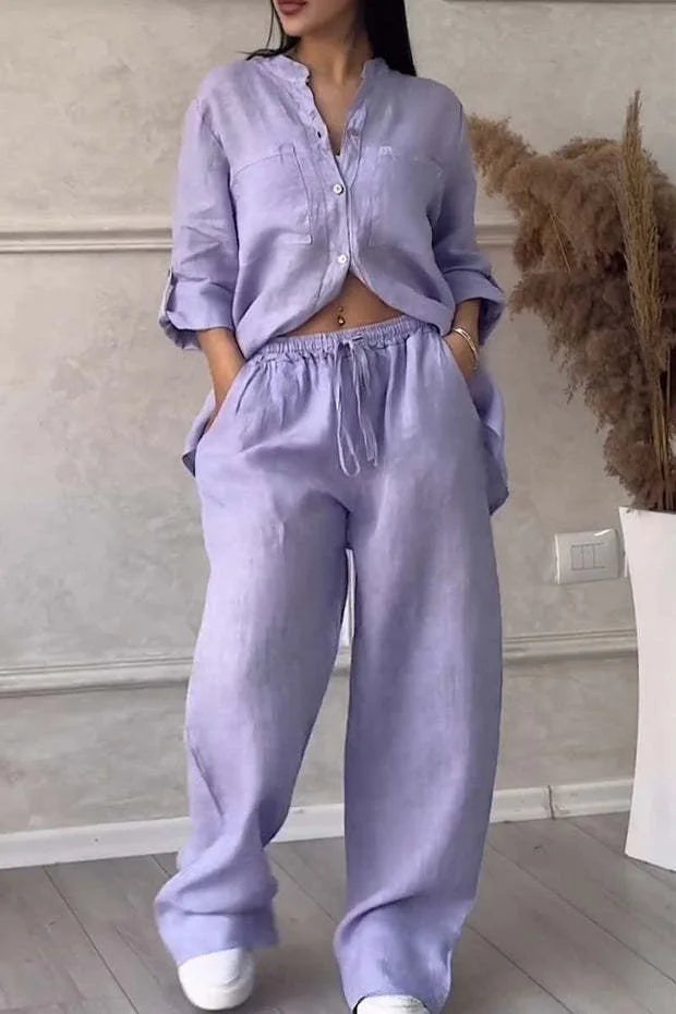 Women Plus Size Two Pieces Set Drawstring Straight Elastic Waist and Long Sleeve Button Shirt Top Matching Set Linen Cotton Set