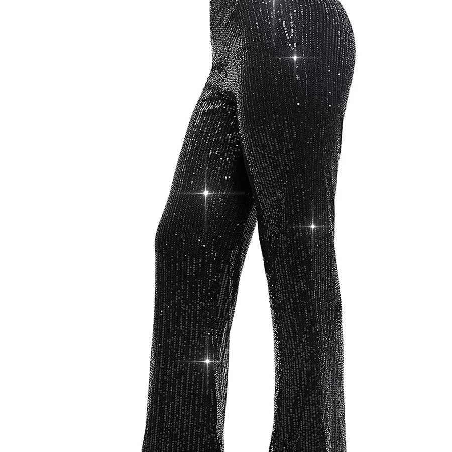 Women Glitter Sequin Wide Leg Pants High Waist Flared Bell-bottom Trousers Slim Fit Party Clubwear Shiny Sparkly Pants