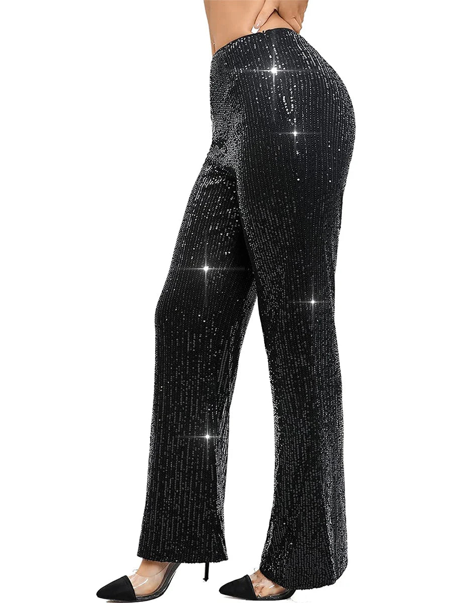 Women Glitter Sequin Wide Leg Pants High Waist Flared Bell-bottom Trousers Slim Fit Party Clubwear Shiny Sparkly Pants