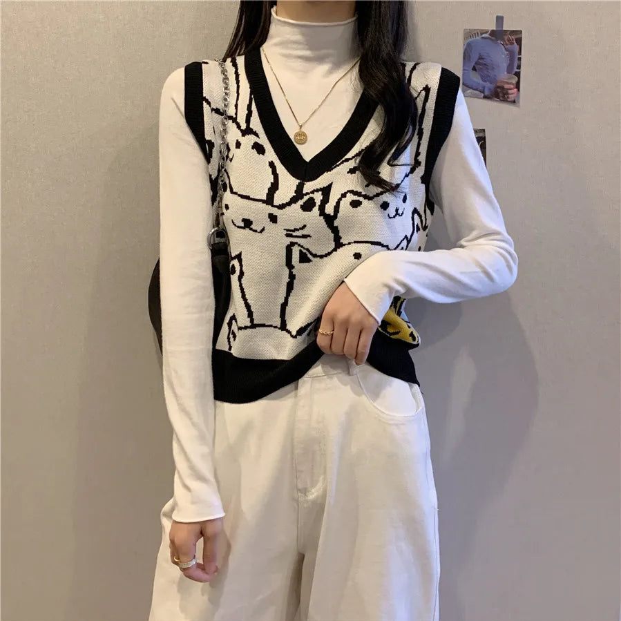 Women Sweater Vests Cat Print Knit Pullover Sleeveless V-neck Tank Sweater Autumn Winter Loose Fitting Top Streetwea Vintage BLACK 40-57.5kg
