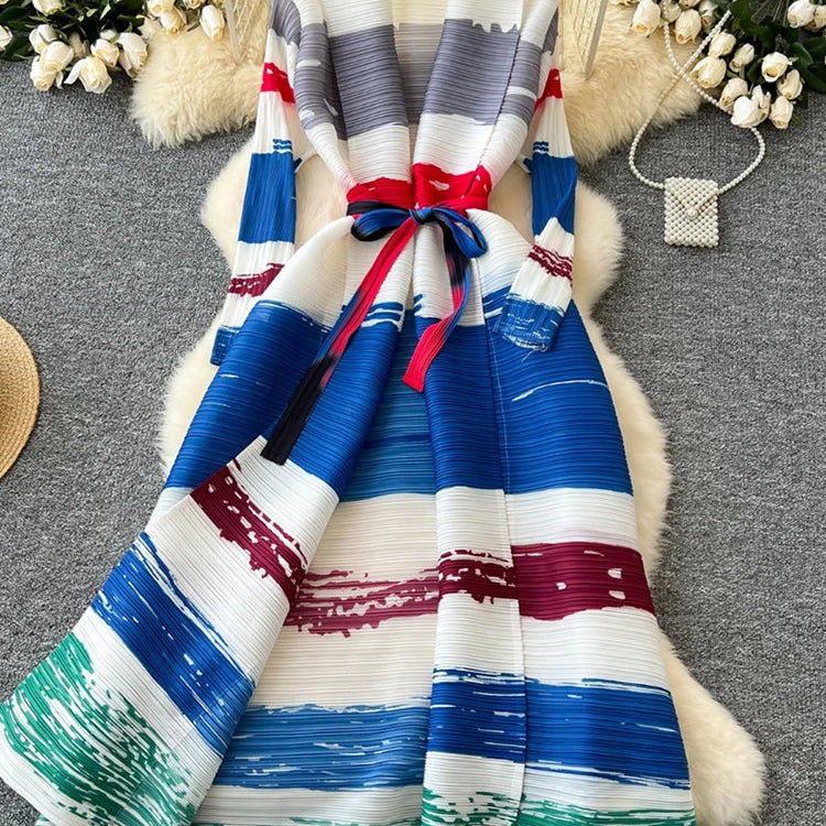 XFPV Elegant Style Long Sleeve Lapel Waist Cinching Strap Pleated Print Dress Vestidos For Women Y2k Korean Fashion Autumn 2024