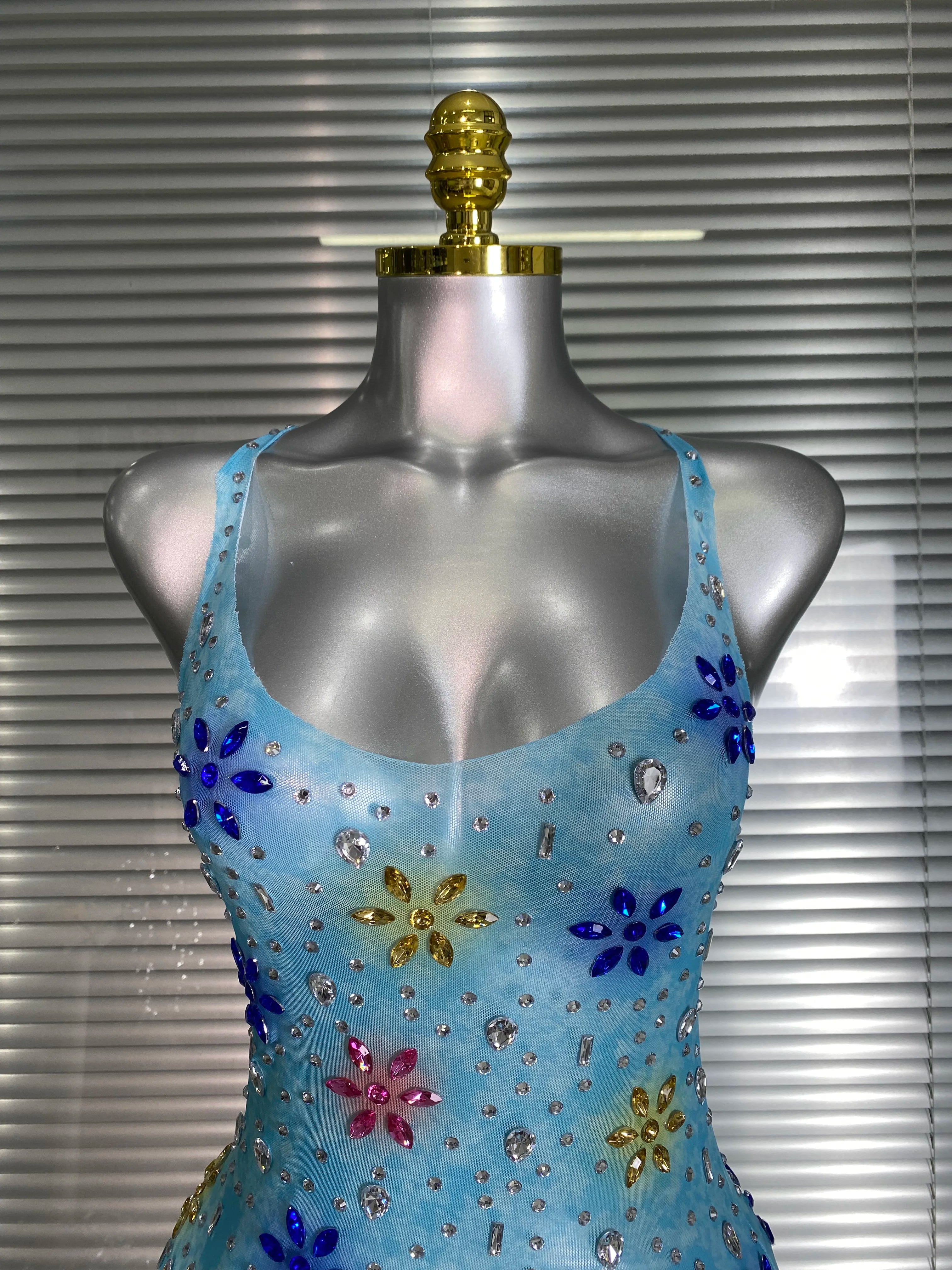 Women Sexy Mesh Crystal Diamonds Flower Blue Performance Costume Stage Dancer See Through Stretchy Night Club Party Dress