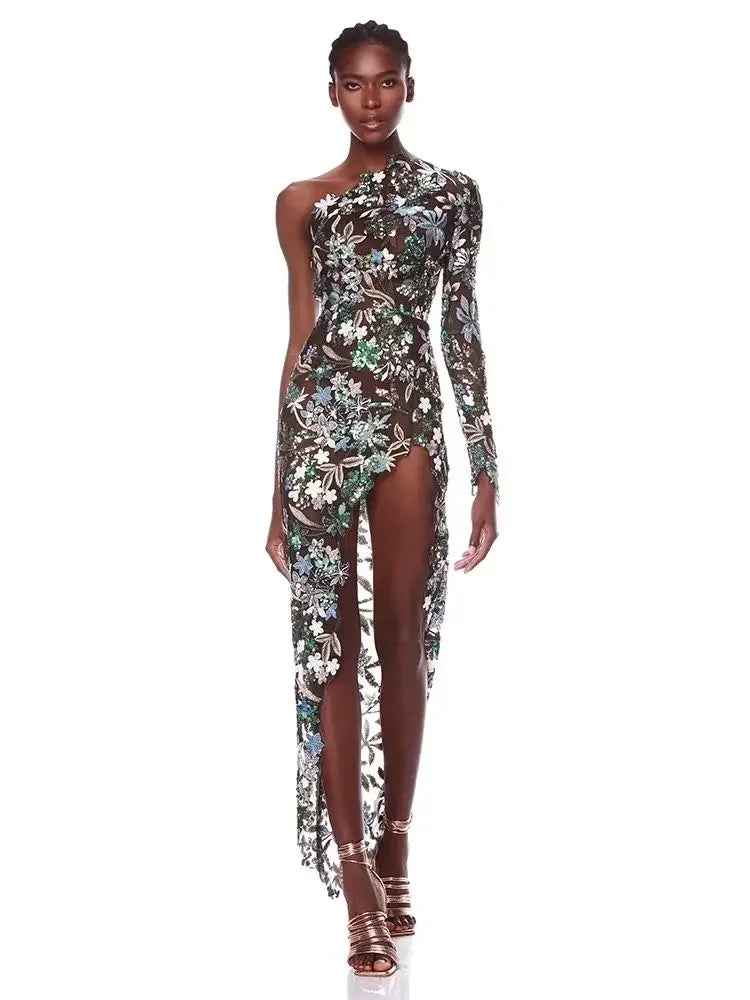 Sexy Women One Shoulder Long Sleeves Luxury Sequin Floral Embroidered Asymmetric Flower Slim Long Dress Bodycon Party Dress As Photo