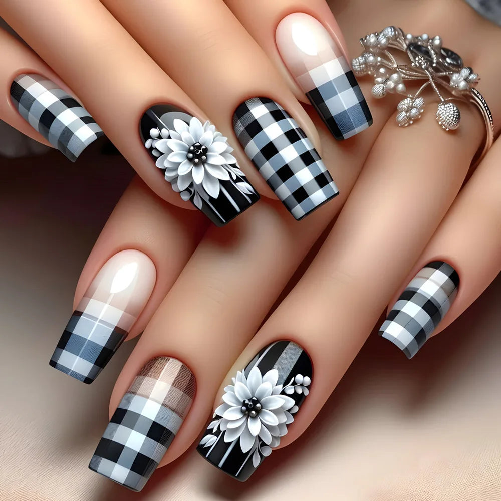 24pcs Acrylic Press on Nails Medium Green Flower Plants Pattern Fake Nails with Glue Ballet Full Cover Wearable False Nail Tips