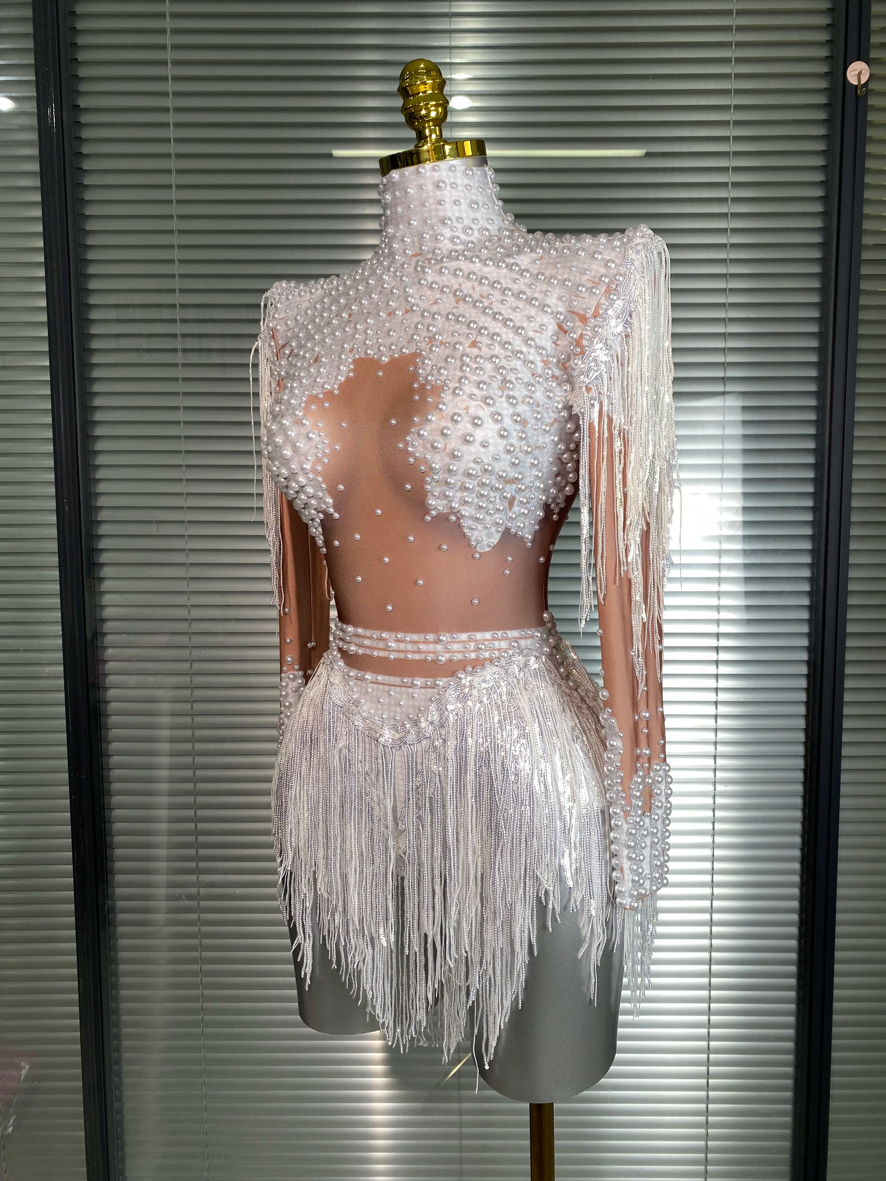 Women Sexy Skin Whtie Red Gold Crystal Stretchy Night Club Singer Dancer Tassel Dancer Red Stage Costume Party Bodysuit