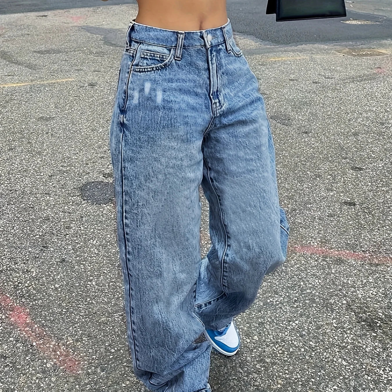 Blue Ripped Holes Straight Jeans, Loose Fit Slant Pockets Casual Wide Legs Jeans, Women's Denim Jeans & Clothing Blue