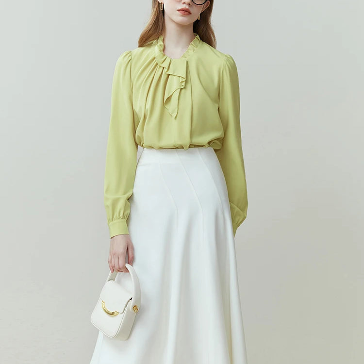 French Long-sleeved Vintage Shirt for Women Spring Summer Niche Style Wood Ear Design Commuter Solid Shirt Office Lady