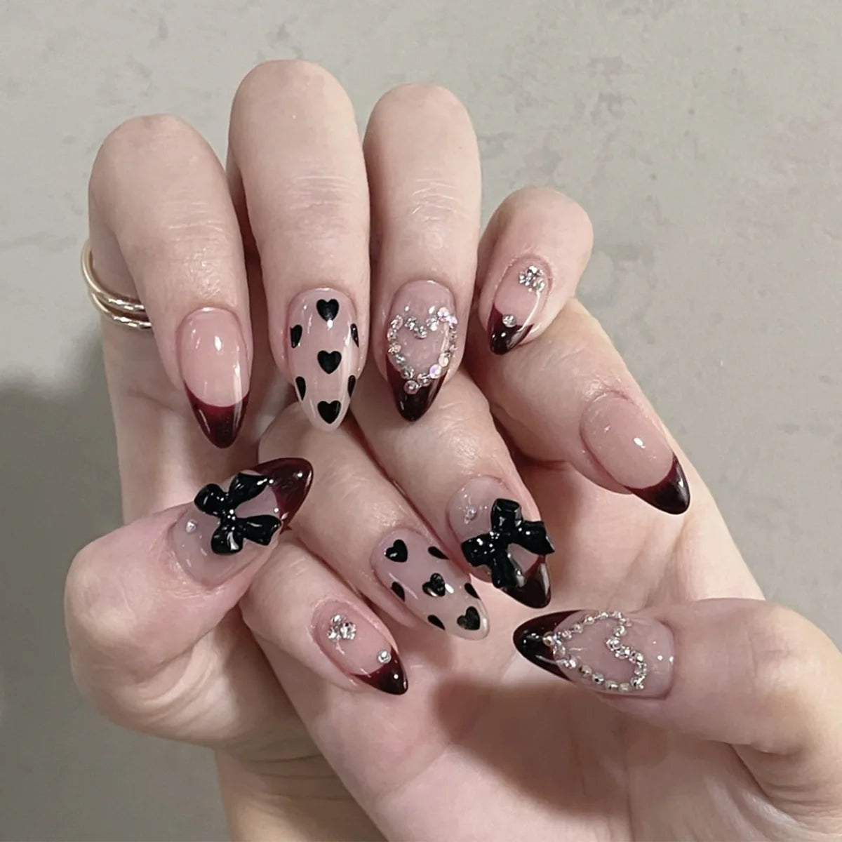 24Pcs Dark Red Almond False Nails with 3D Metal Bow Designs Nail Art French Love Cherry Nails Full Cover Press on Nails Hot Girl