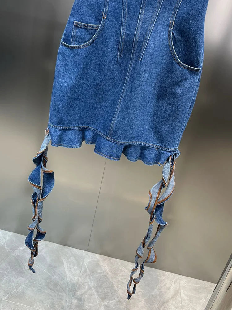 DEAT Line Up Waist Pocket Spiral Decoration Trendy Denim Dresses For Women Strapless Back Zipper Dress Spring 11XX3821