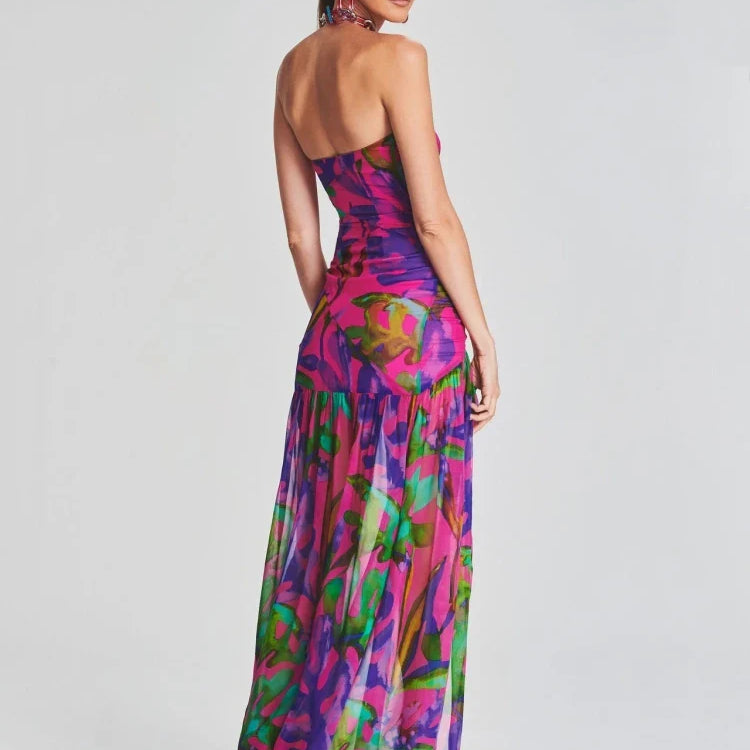 New Summer Print Strapless Mesh Patchwork Slit Long Dress Women Sexy Sleeveless Printed Split Colorful Vacation Maxi Dress Party