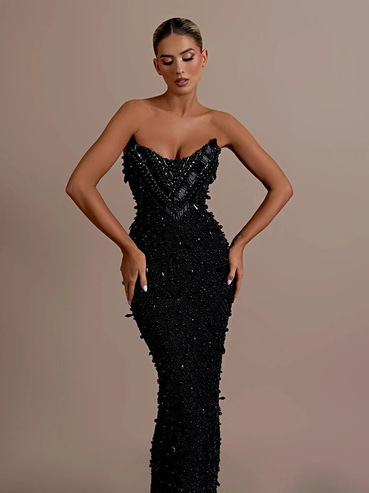 VC Stunning Strapless Sleeveless Black Crystal Sequin Dress Luxury Party Evening Gown
