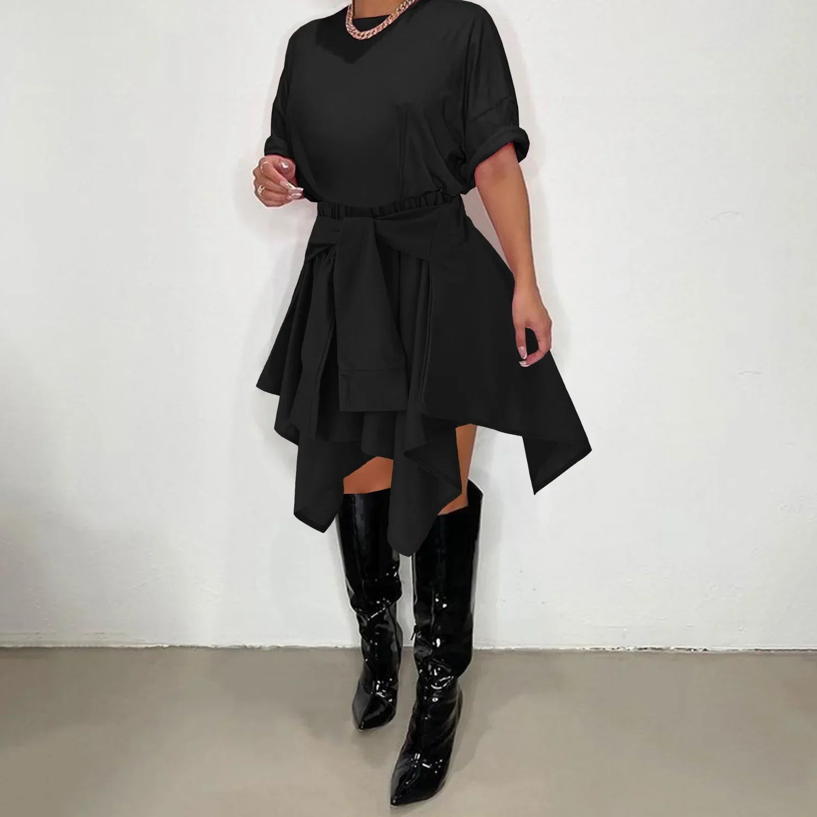 CM.YAYA Women Plaid Irregular High Waist Knee Length Skirts 2022 Summer Holiday Streetwear Sleeve Wrapped Lace Up Waist Skirt Black Solid