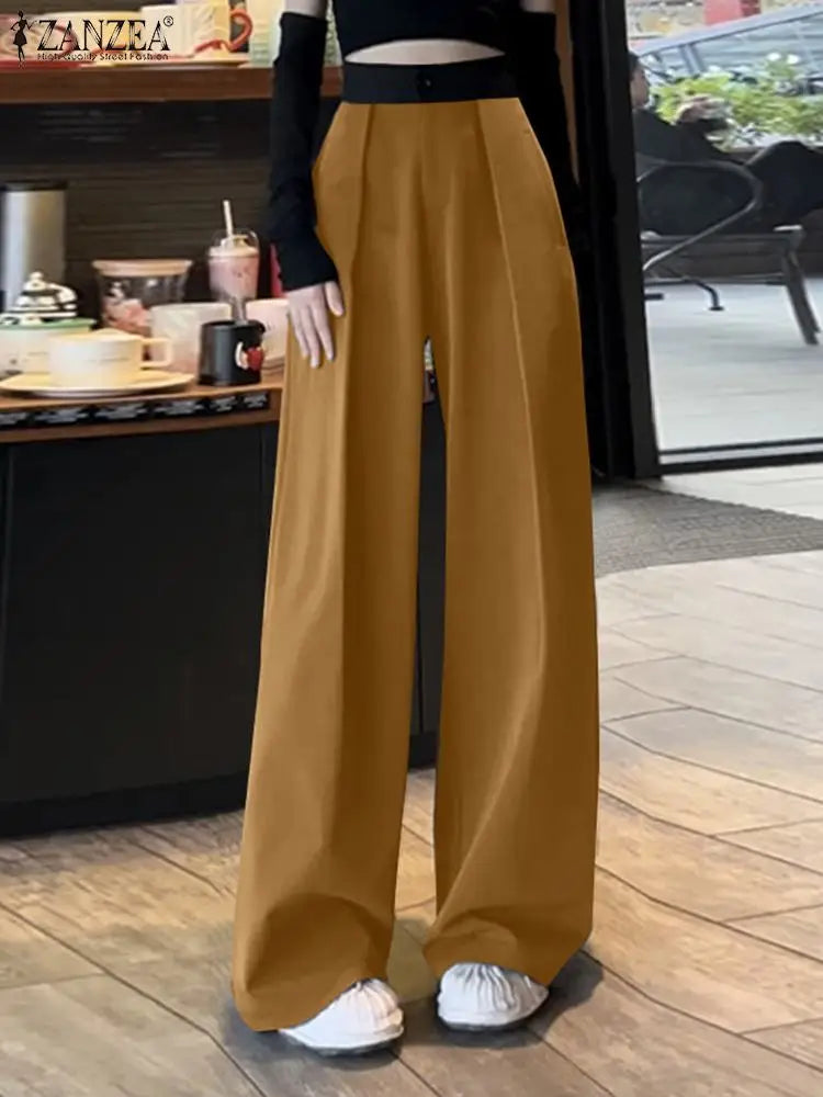 Women Pleating Pantalons Korean High Waist Pants Vintage Wide Leg Long Trouser Casual Loose Colorblock Streetwear Pants