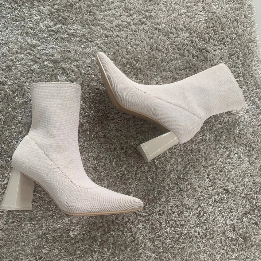 Fashion knitting Women Ankle Elastic Boots Shoes Footwear Female High Heels Pointed Toe Ladies Short Stretch Boots Shoes