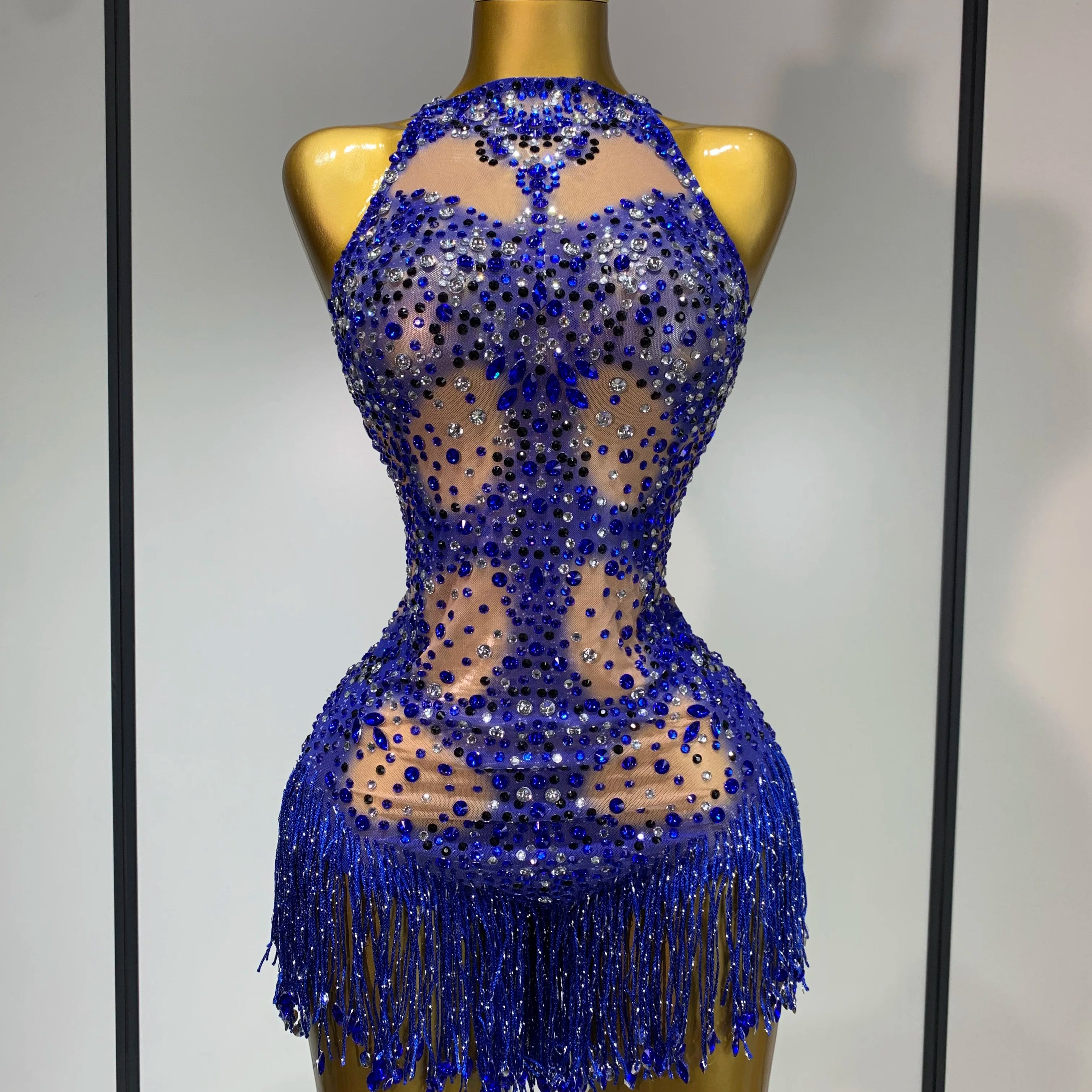 Women Sexy Backless blue Rhinestone Tassel Bodysuit Evening Party Club Singer Stage Performance Costume Luxury Birthday Dress