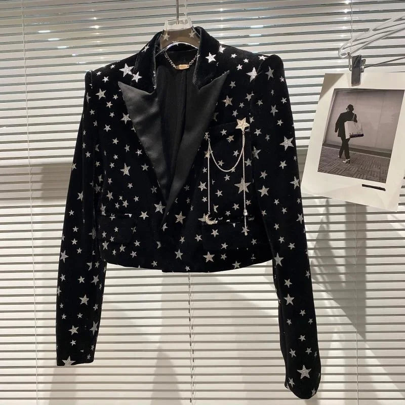 Autumn Long Sleeve Pin Chain Slim Velvet Blazer Casual Shorts Two Piece Set Women Outfits Black Blazer
