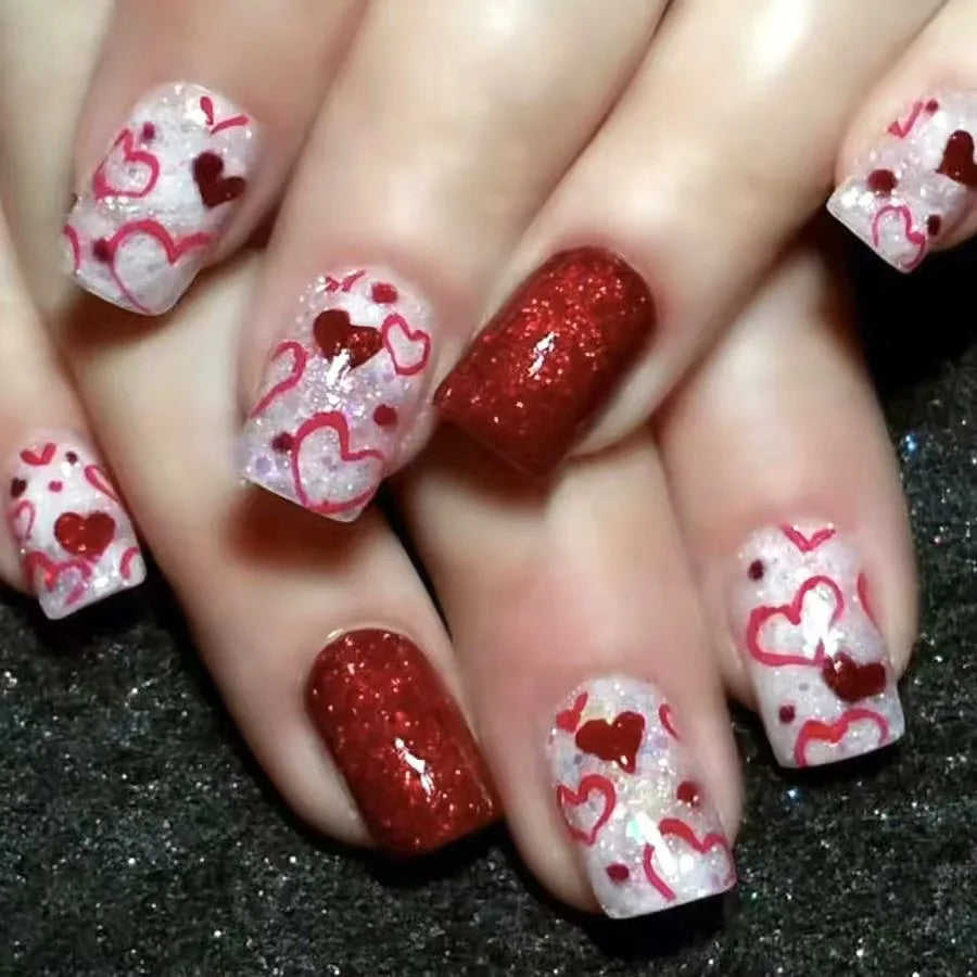 24Pc Square French Fake Nails with Heart Love Designs Glossy White Pink Press on Nails Full Cover False Nail for Valentine's Day