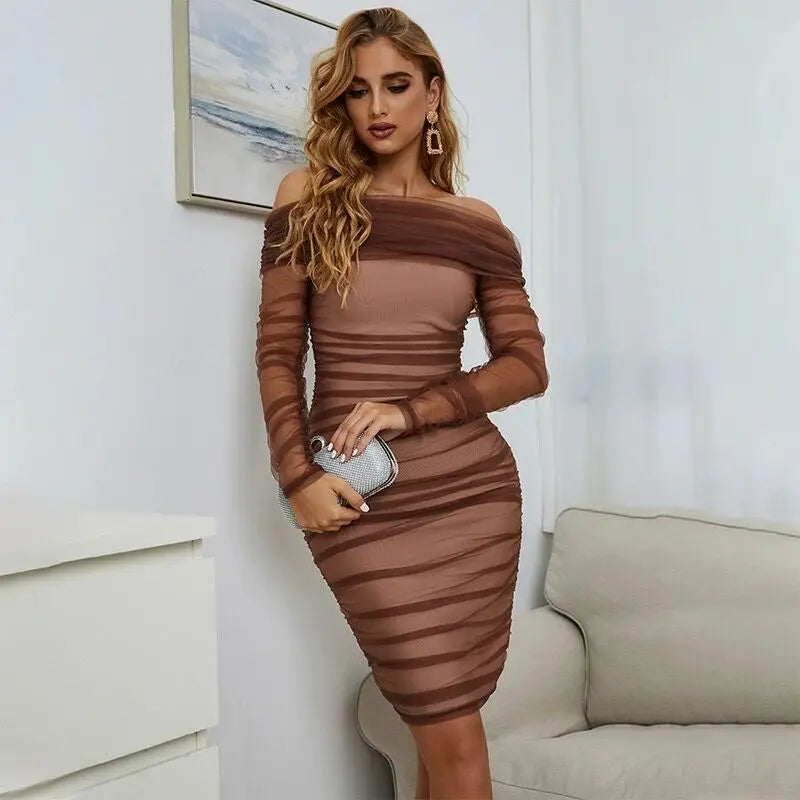 Brown Mesh Sleeve Off The Shoulder Rayon Bandage Dress Elegant Club Party Dress