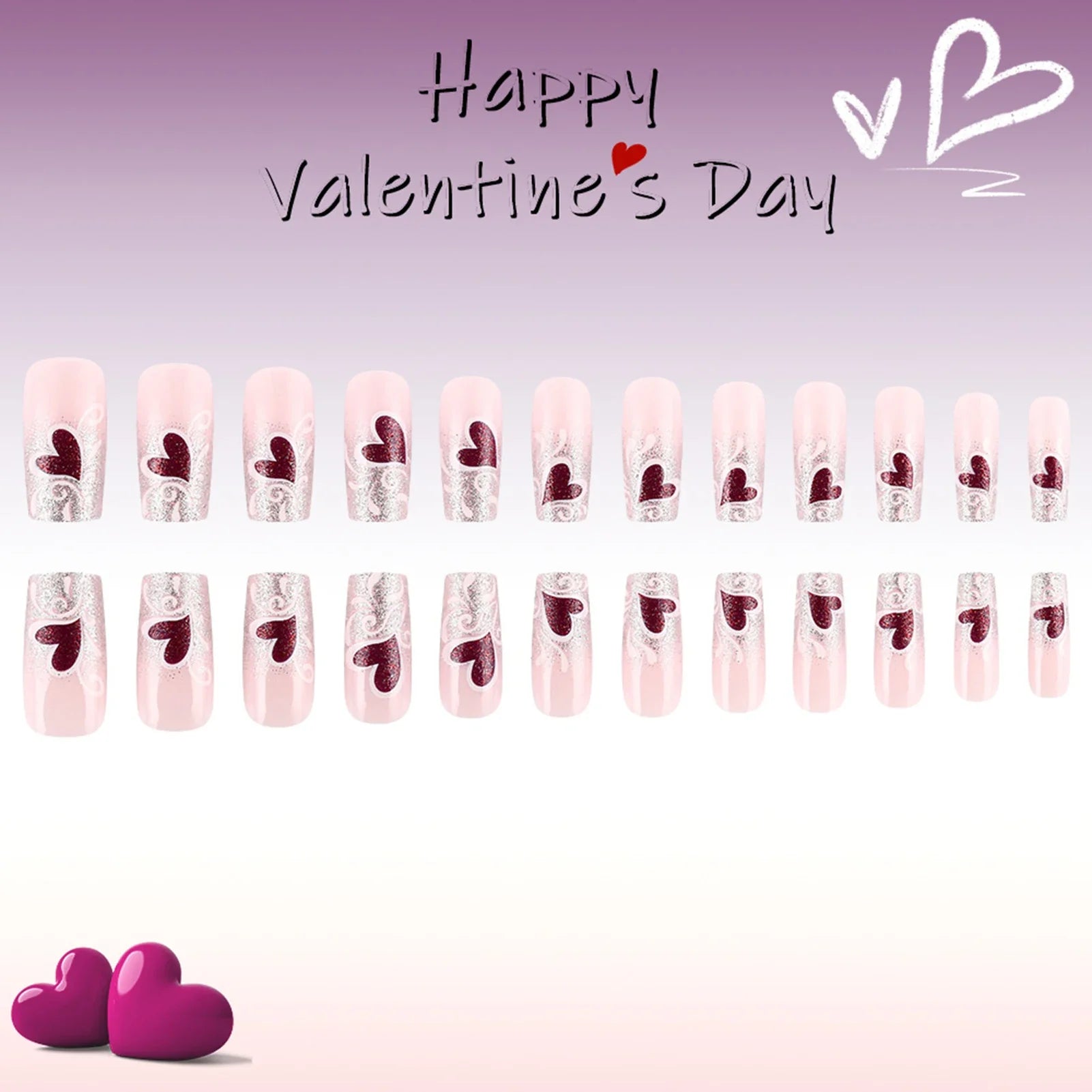 Glossy Silver Sequins French Fake Nails 24Pcs Y2K Girls Press On Nails Purple Love Heart Printed Valentine's Day Charm Manicure