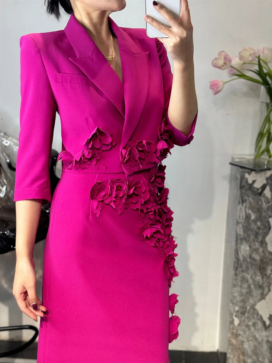 TWOTWINSTYLE Solid Slimming Spliced 3D Flower Two Piece Sets for Women Lapel Half Sleeves Short Top High Waist Skirt Set Female