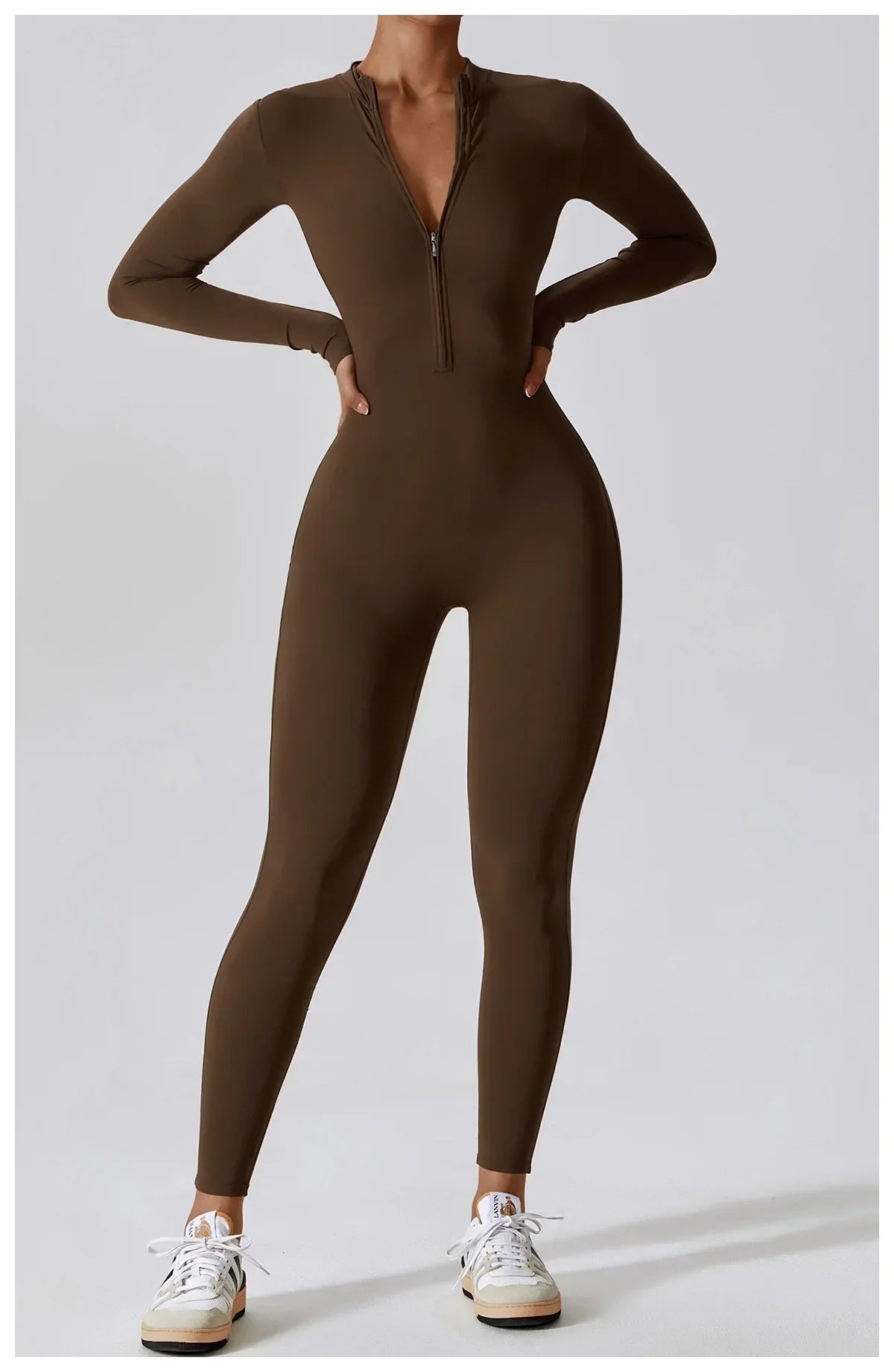 Yoga Jumpsuit Women Seamless Sports Zipper Jumpsuit Set Gym Long Sleeve Fitness Suit Elastic Gym Workout Bodysuit Athletic Wear coffee