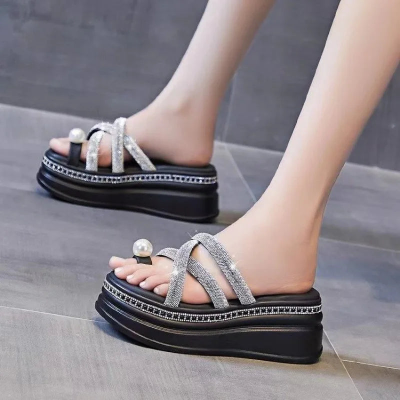 Trend Women Mid Heels Shoes Platform Open Toe Slippers Summer Fad Sandals Dress Beach Flip Flops Women Crystal Slides black