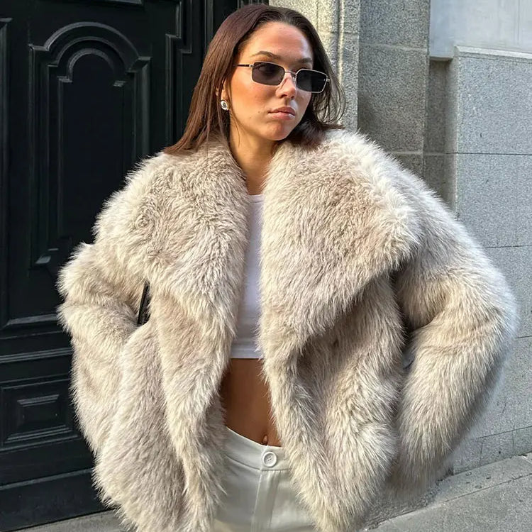 Winter New Fashion Female Vintage Long Sleeve Outerwear Woman Warm Plush Coat Ladies Casual Lapel Collar Thick Coat