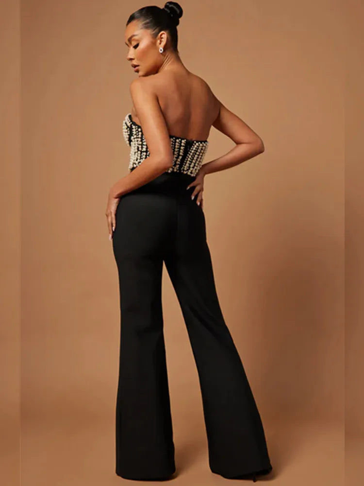 Celebrity Women Luxury Sexy Strapless Pearl Black Bodycon Bandage Jumpsuit 2025 Celebrity Designer High Street Rompers