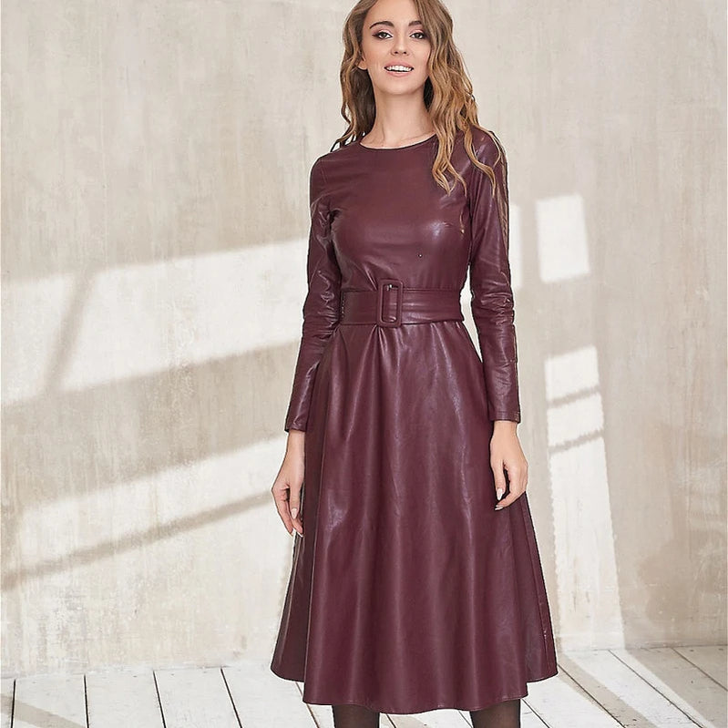 Fashion Belt Faux Leather Dresses Women Long Sleeve Slim Fit PU Dress Sexy Club Wear Autumn Winter