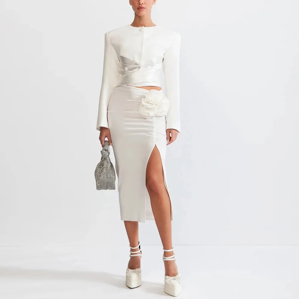 TWOTWINSTYLE Chic Two Piece Set For Women Round Neck Long Sleeve Top High Waist Spliced Appliques Skirt Elegant Sets Female New WHITE