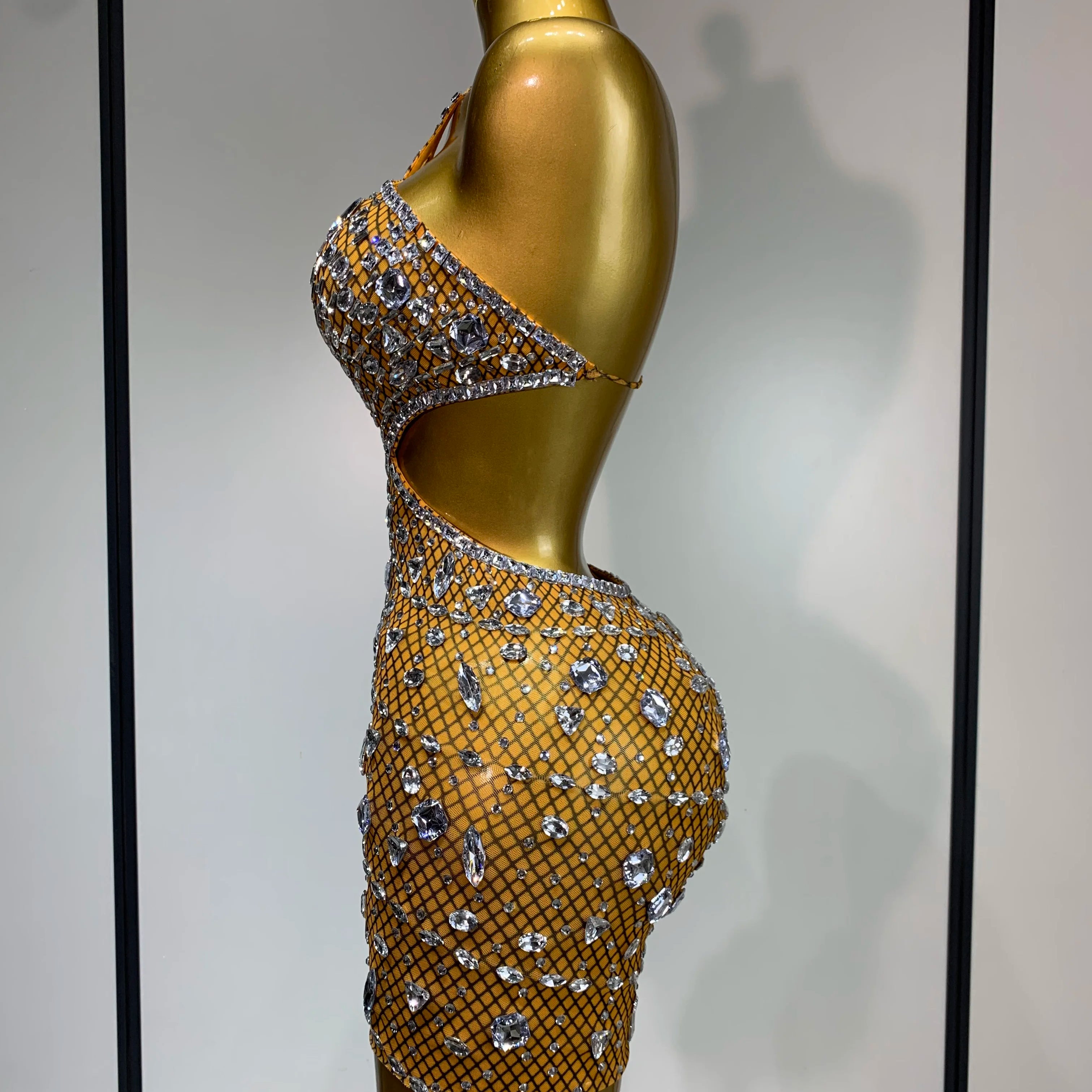 Sparkly Rhinestones Backless Mini Dress Women Sexy Mesh Transparent Celebrate Evening Birthday Dress Photo Shoot Stage Wear