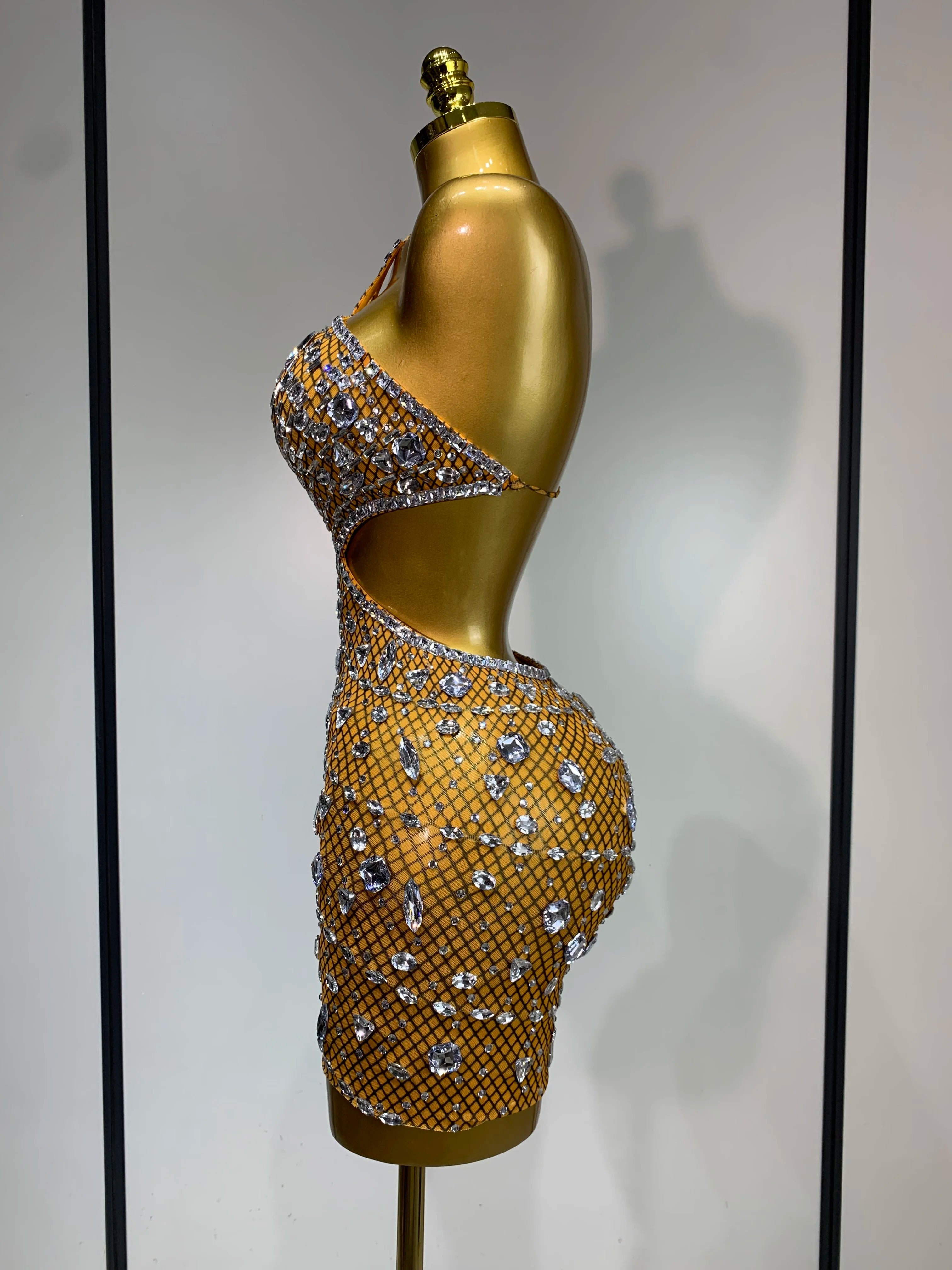 Sparkly Rhinestones Backless Mini Dress Women Sexy Mesh Transparent Celebrate Evening Birthday Dress Photo Shoot Stage Wear