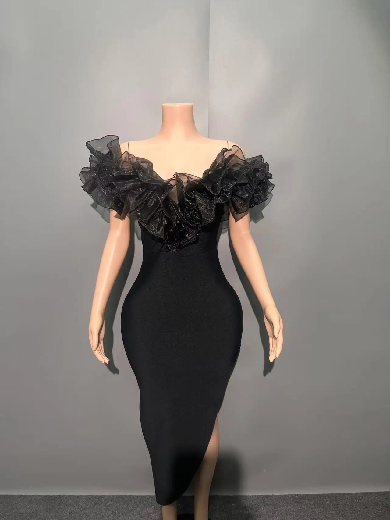 Women Slash Neck Ruffles Bodycon Bandage Mid-calf Dress Celebrate Nightclub Party Birthday Outfit Wholesale