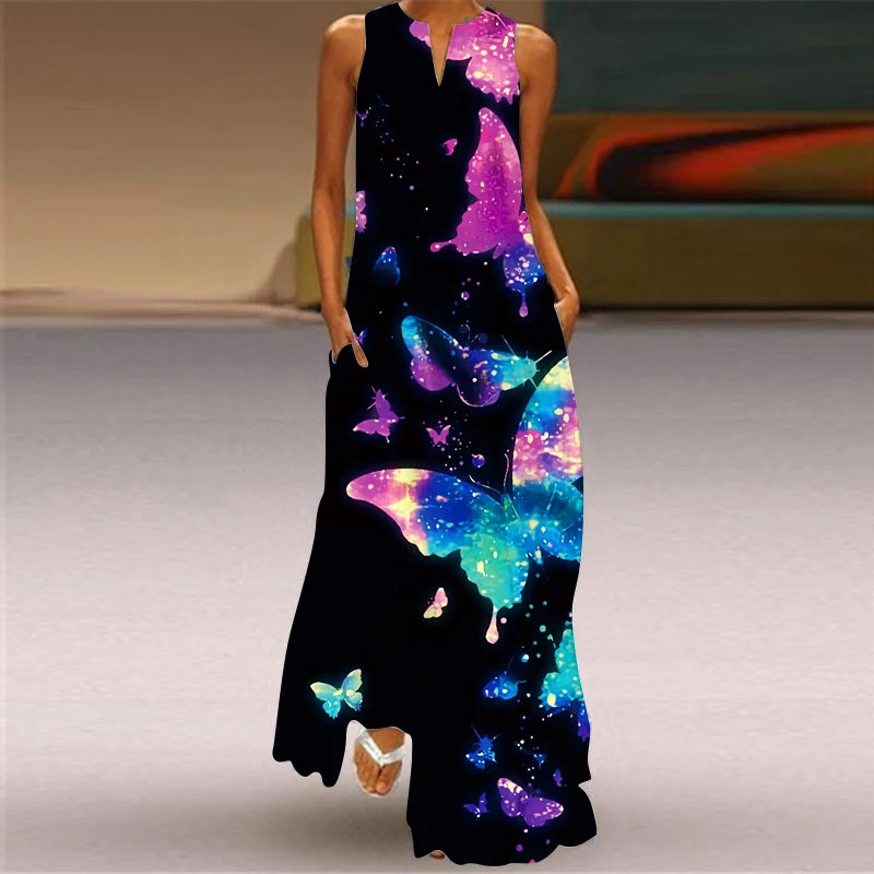 Vestido longo feminino elegante com decote em V, estampa floral fresca, sem mangas, solto, reto, praia, férias, vestido longo