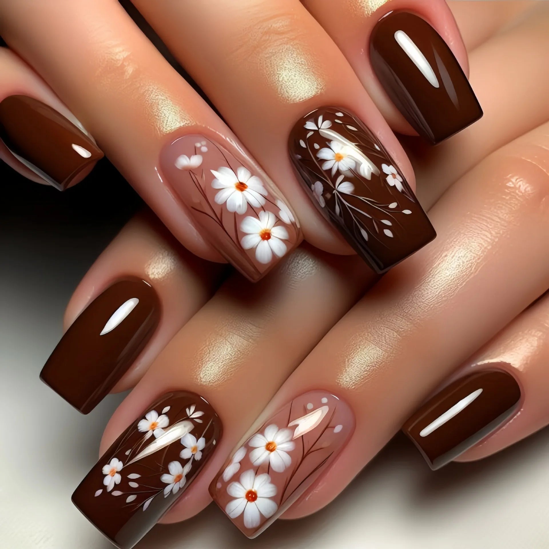 24pcs Brown False Nails Art Mid-length Ballet Fake Nail Sets Detachable Flower Design Full Cover Nail Tips Square Press on Nails