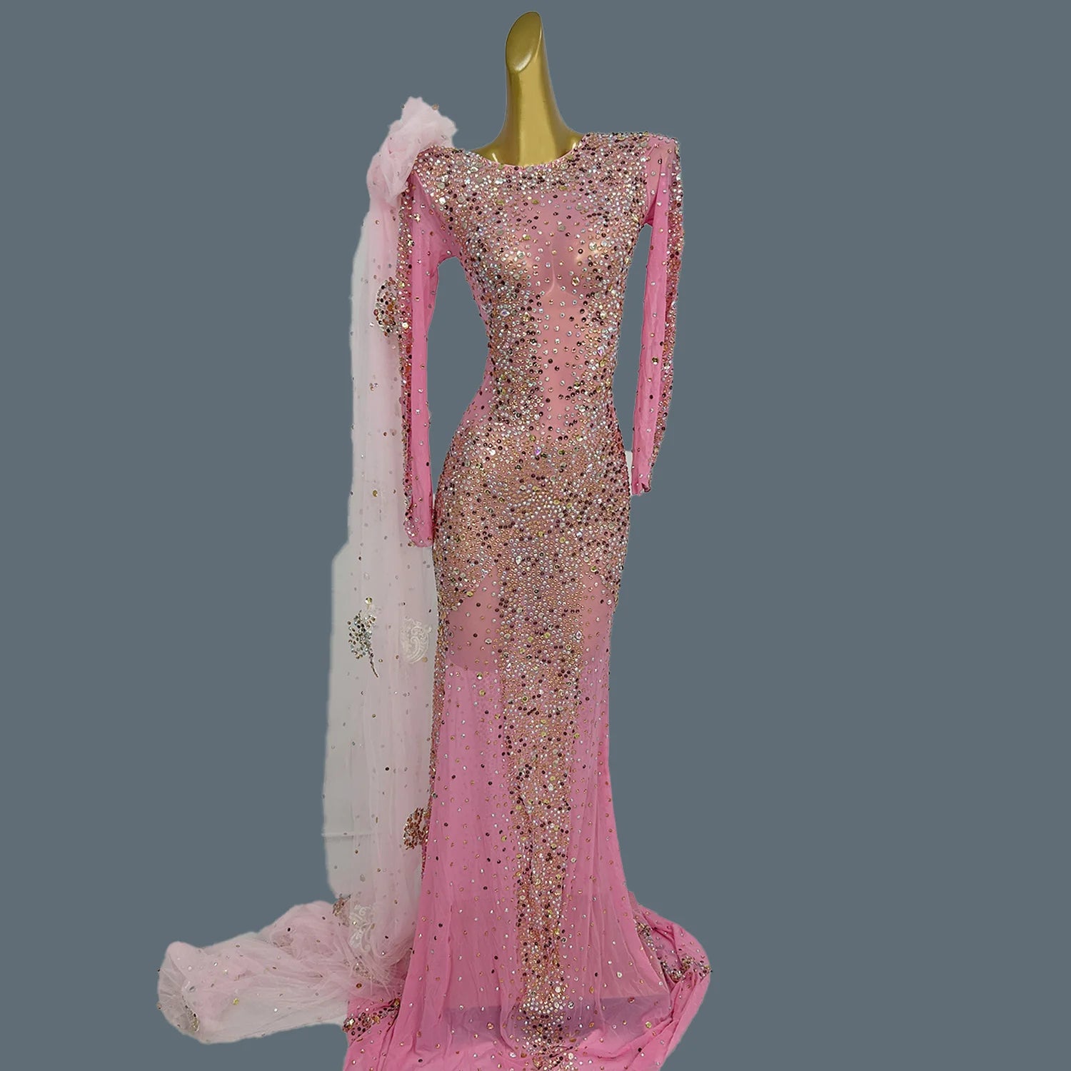 Sparkly Crystals Luxury Sheer Mesh Evening Gown Sexy Women Gauze Long Dress Birthday Wedding Prom Party High-end Outfit Shacha