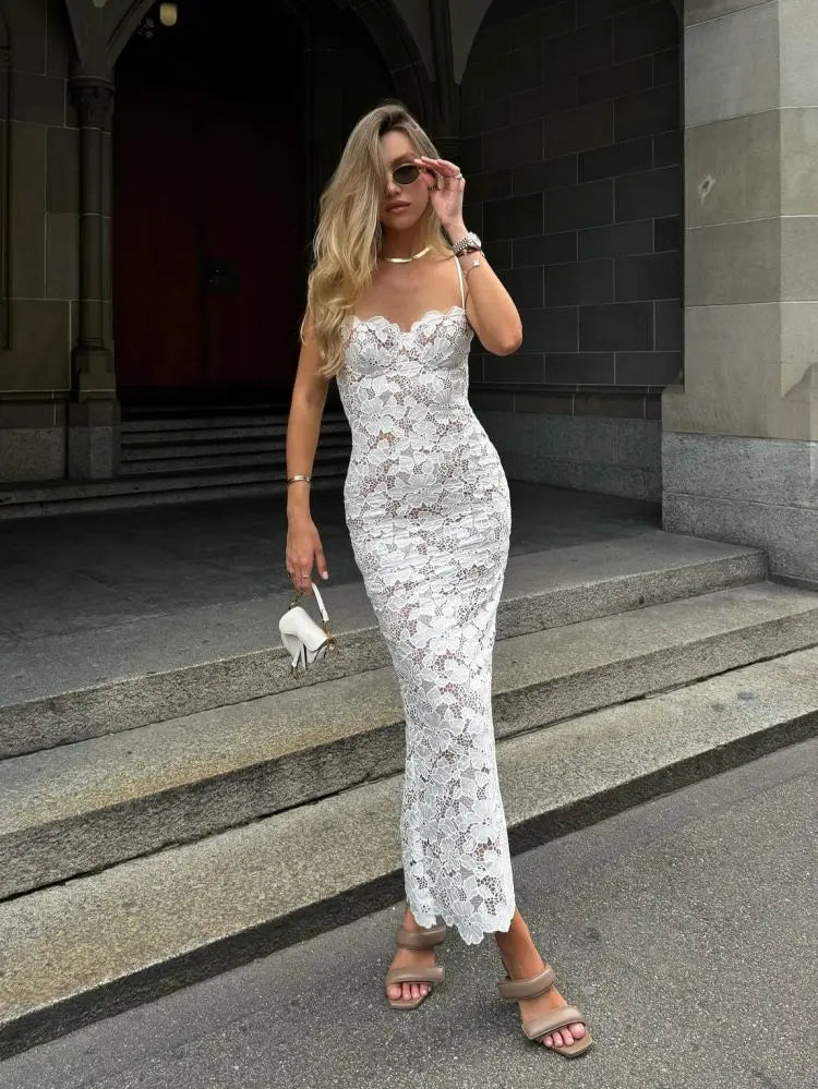 New Arrival Women Sleeveless Sexy Strap Square Collar Lace Bodycon Long Dress Fashion Celebrate Birthday Vacation Party Dress