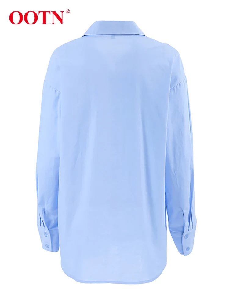 OOTN Blue Elegant Women's Cotton Linen Shirts Autumn Turn Down Collar Button Blouses And Tops Office Ladies Long Sleeves