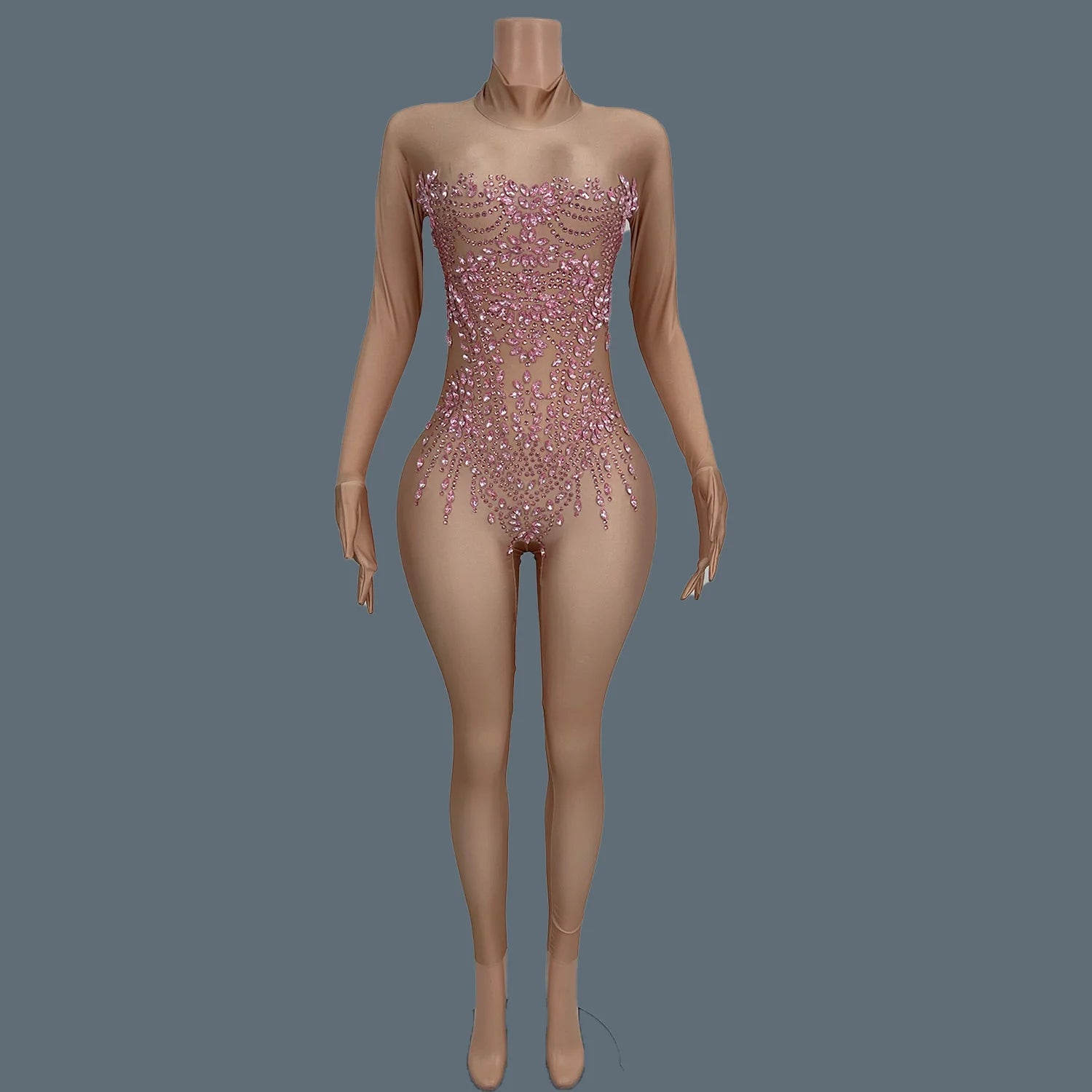 Sexy Women Long Sleeve Rhinestone Jumpsuit Gloves Festival Celebrate Party Outfit Club Stage Show Tight Fitting Jumpsuit Zhubao