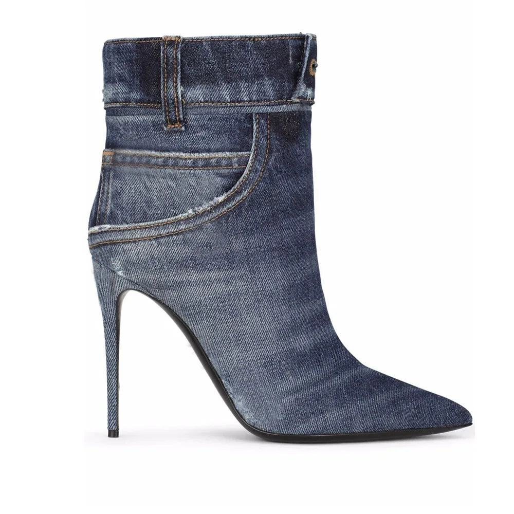 YJXKJY Women Worn Washed Cloth Over The Knee Boots Sexy Ladies Dilapidated Blue Denim Pocket Pointed Toe High Heels Party Shoes